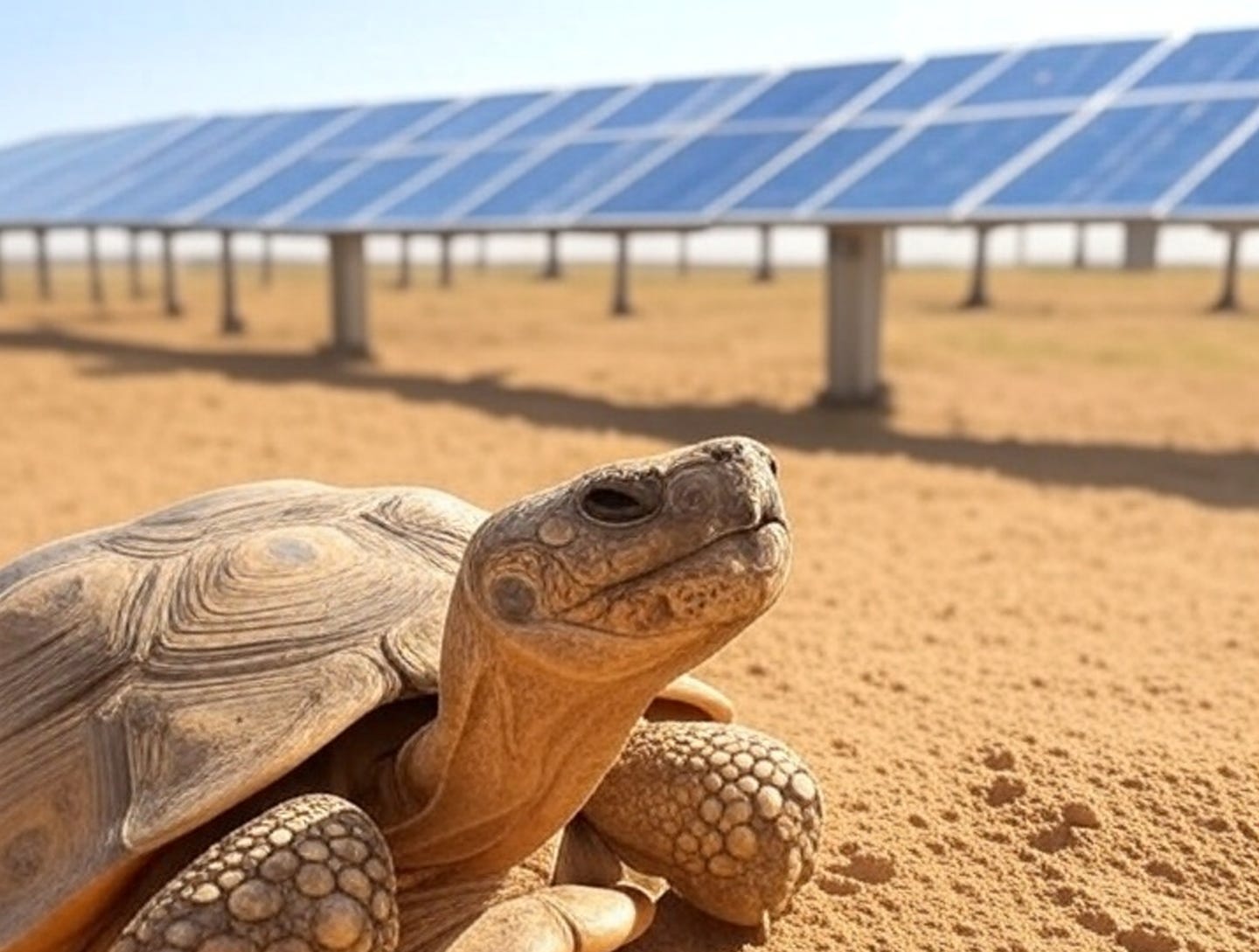 A turtle in the sand next to a solar panel

AI-generated content may be incorrect.