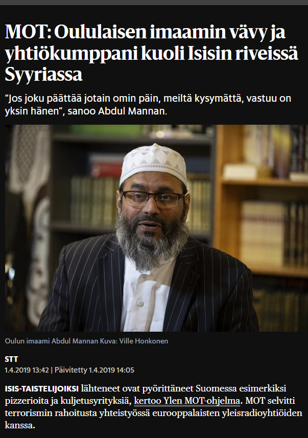 Myös Helsingin Sanomat kirjoitti vuonna 2019 moskeijasta ja sen imaamista, jotka rekrytoivat ihmisiä ISIS:n riveihin. Myös Helsingin Sanomat kirjoitti vuonna 2019 moskeijasta ja sen imaamista, jotka rekrytoivat ihmisiä ISIS:n riveihin.