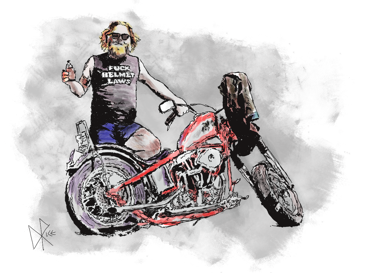 A standing bikerider poses by his motorcycle, beer in his hand, wearing a t-shirt that reads ‘Fuck Helmet Laws’. Sketch art by Don Rice. A standing bikerider poses by his motorcycle, beer in his hand, wearing a t-shirt that reads ‘Fuck Helmet Laws’. Sketch art by Don Rice.