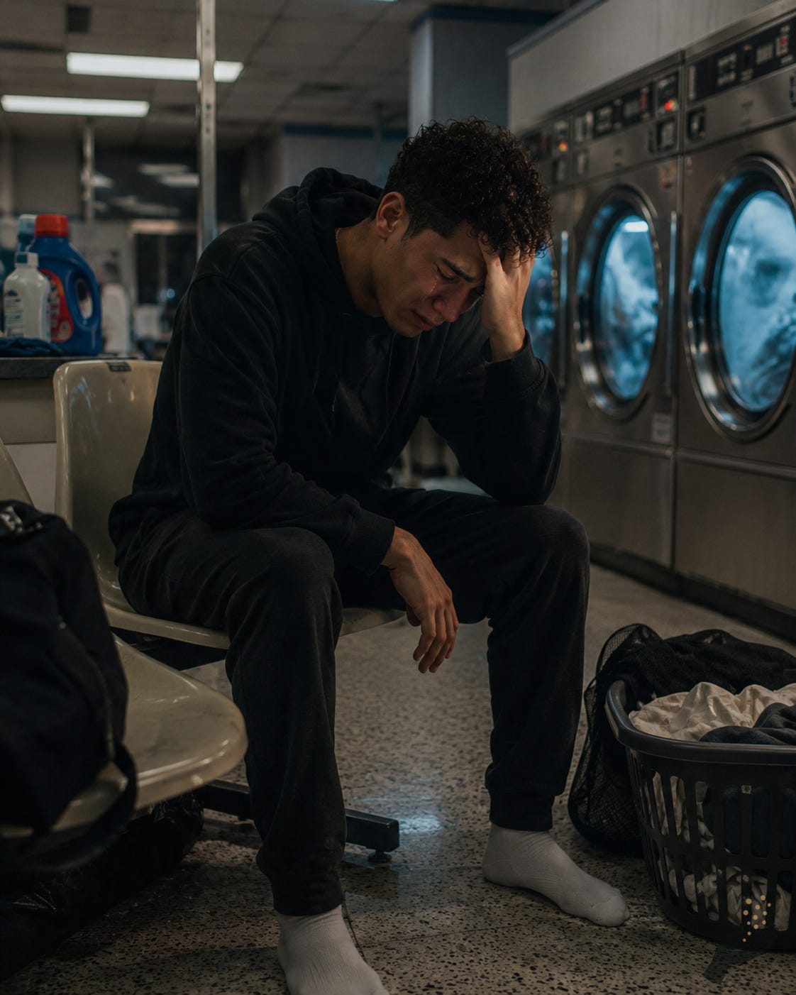 A young man sits in a laundromat under fluorescent light, crying with washing machines spinning behind him. Laundry baskets, detergent bottles, plastic chairs, and glowing machine doors surround him in the quiet public space.