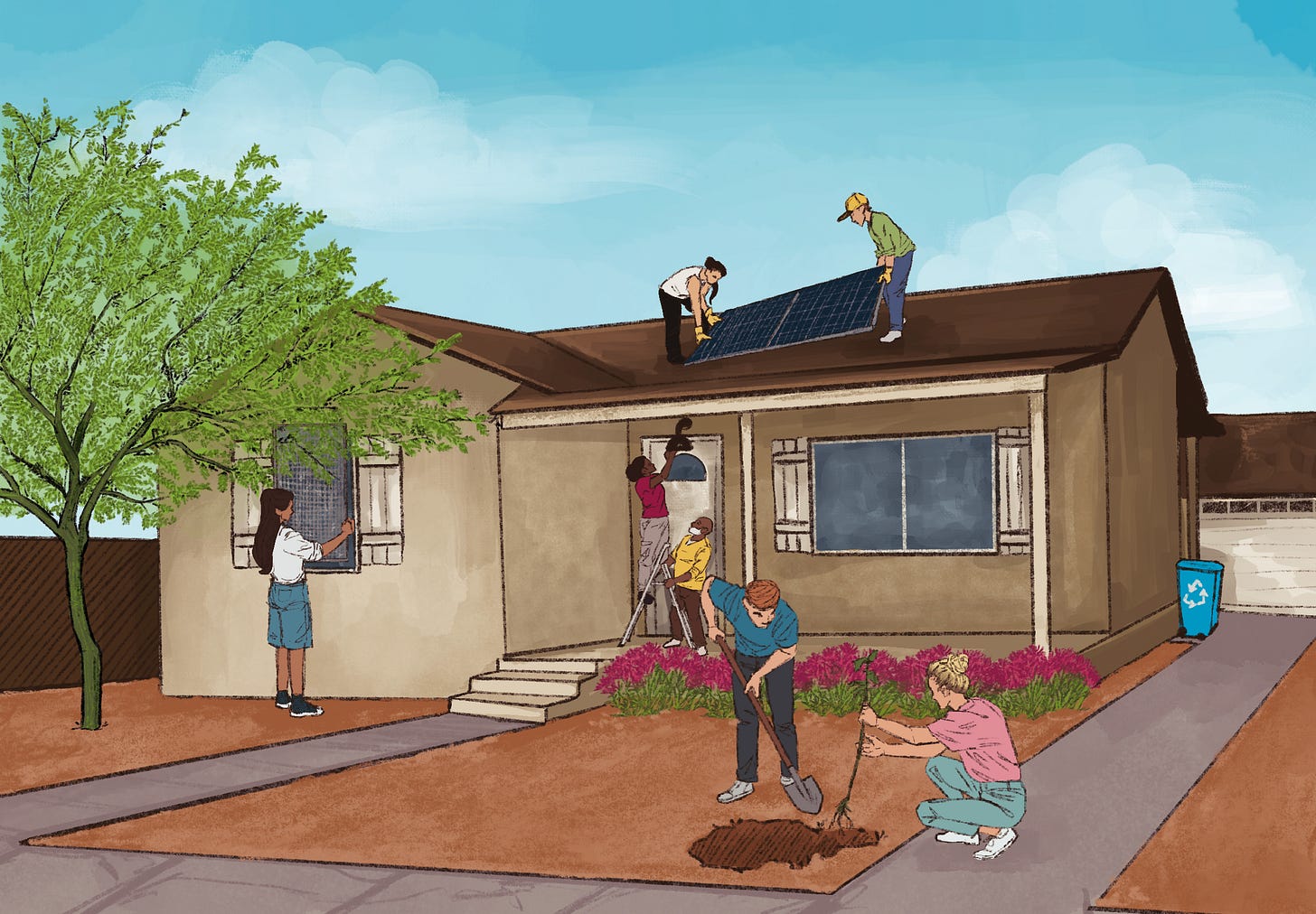 An illustration showing a community of neighbors working together to retrofit a home by installing LED lights, solar panels, window ventilation, and planting drought-resistant vegetation.