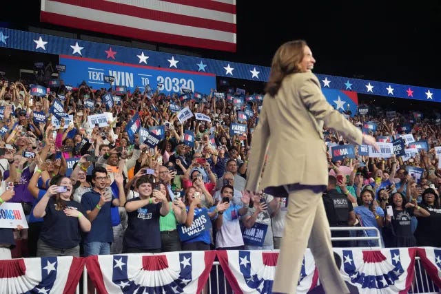 Vice President Kamala Harris, the Democratic presidential nominee, arrives at a rally at the Desert Diamond Arena in Glendale, Ariz., on Friday, Aug. 9, 2024. (Erin Schaff/The New York Times) Vice President Kamala Harris, the Democratic presidential nominee, arrives at a rally at the Desert Diamond Arena in Glendale, Ariz., on Friday, Aug. 9, 2024. (Erin Schaff/The New York Times)