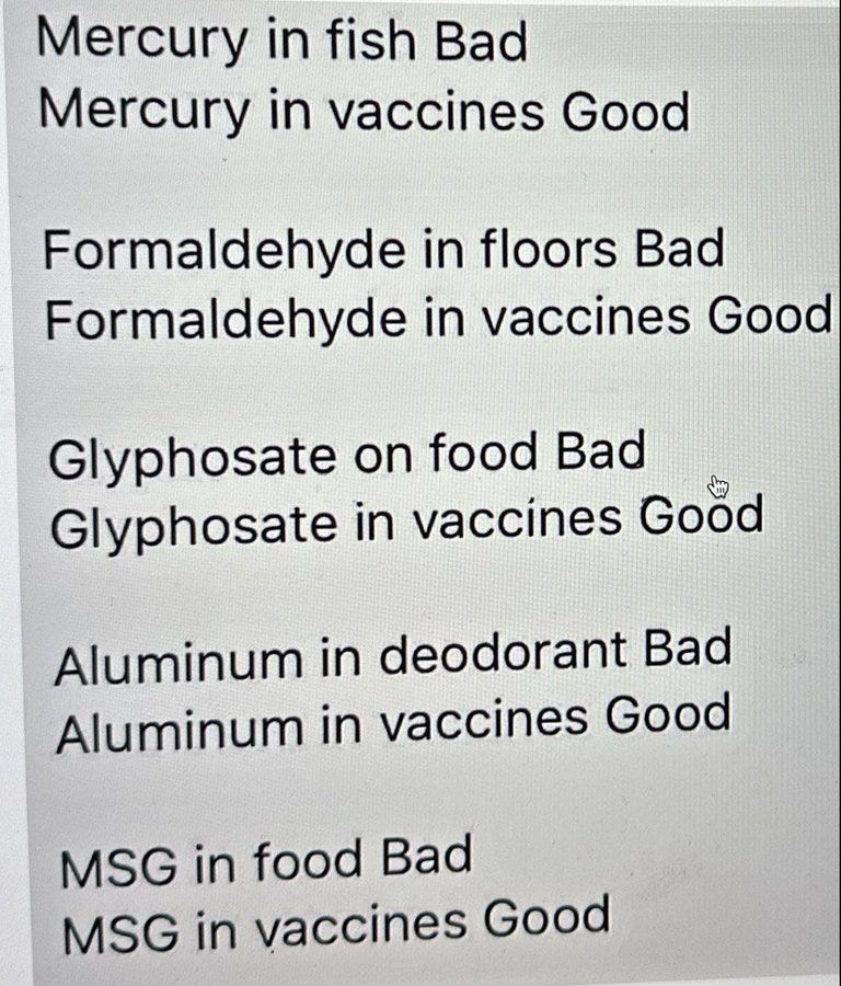 The image is a text-based post from the account 'Died Suddenly' (@DiedSuddenly_), highlighting perceived contradictions in public health messaging regarding the safety of various substances in different contexts. It lists substances like Mercury, Formaldehyde, Glyphosate, Aluminum, and MSG, noting that they are considered harmful in certain environments (e.g., fish, floors, food, deodorant) but beneficial or safe when used in vaccines. The post text 'Make it make sense' suggests a questioning or skeptical tone towards these inconsistencies. The image is clear and well-composed, focusing on the text to convey its message.