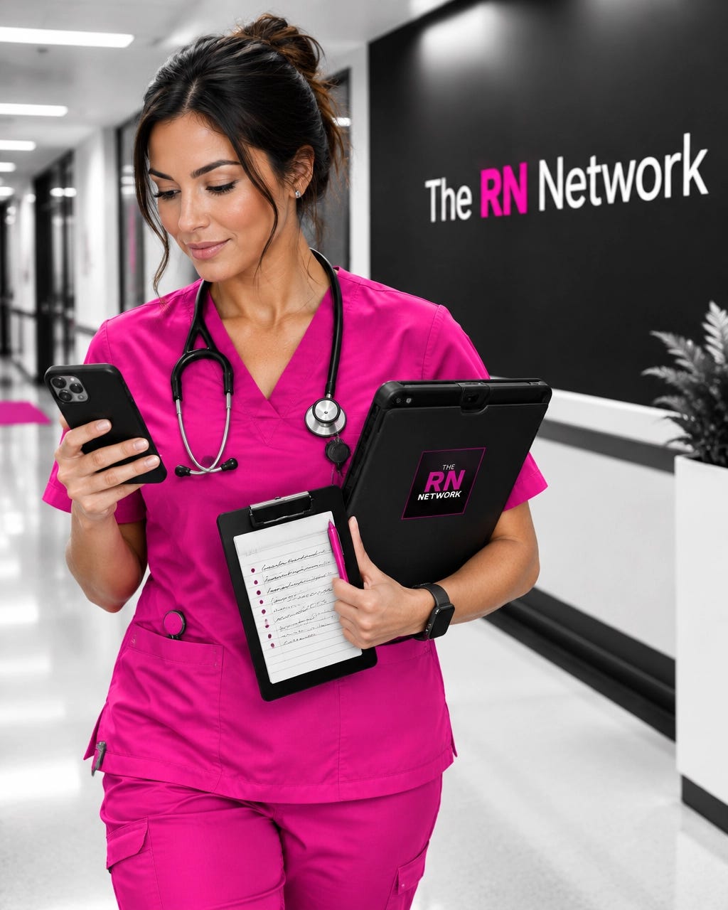 A nurse in pink scrubs reviewing a contact list on her phone in a modern healthcare corridor A nurse in pink scrubs reviewing a contact list on her phone in a modern healthcare corridor