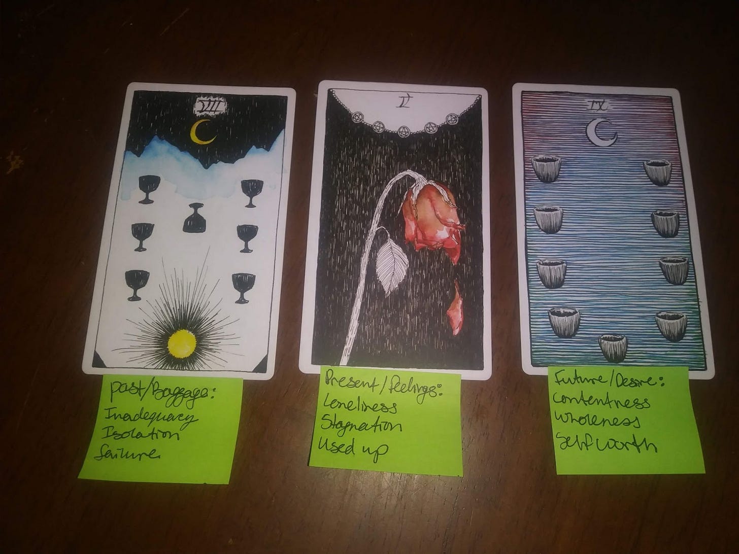 On a desktop lay three tarot cards from the Wild Unknow tarot deck. From left to right they are the 7 of Cups, 5 of Pentacles, and the 9 of Cups. Under each is a green sticky note that lists a few keywords. 