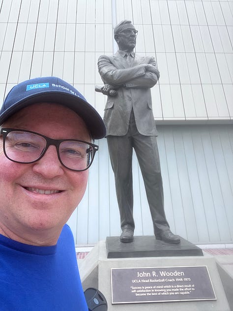 Images of John Wooden, his den, trophies, and author standing by the John Wooden monument