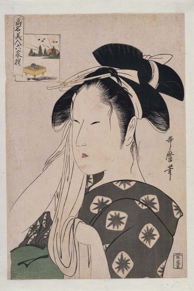 Komei Bigin Rokkasen, Six Selected Famous Beauties: The Window of Asahiya. 1795. Created by Katagawa Utamaro. 15" x 10.5"