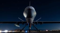 A US Air Force MQ-9 Reaper assigned sits on the ramp at Creech Air Force Base, Nevada, during a weapons test on September 3, 2020. A US Air Force MQ-9 Reaper assigned sits on the ramp at Creech Air Force Base, Nevada, during a weapons test on September 3, 2020.
