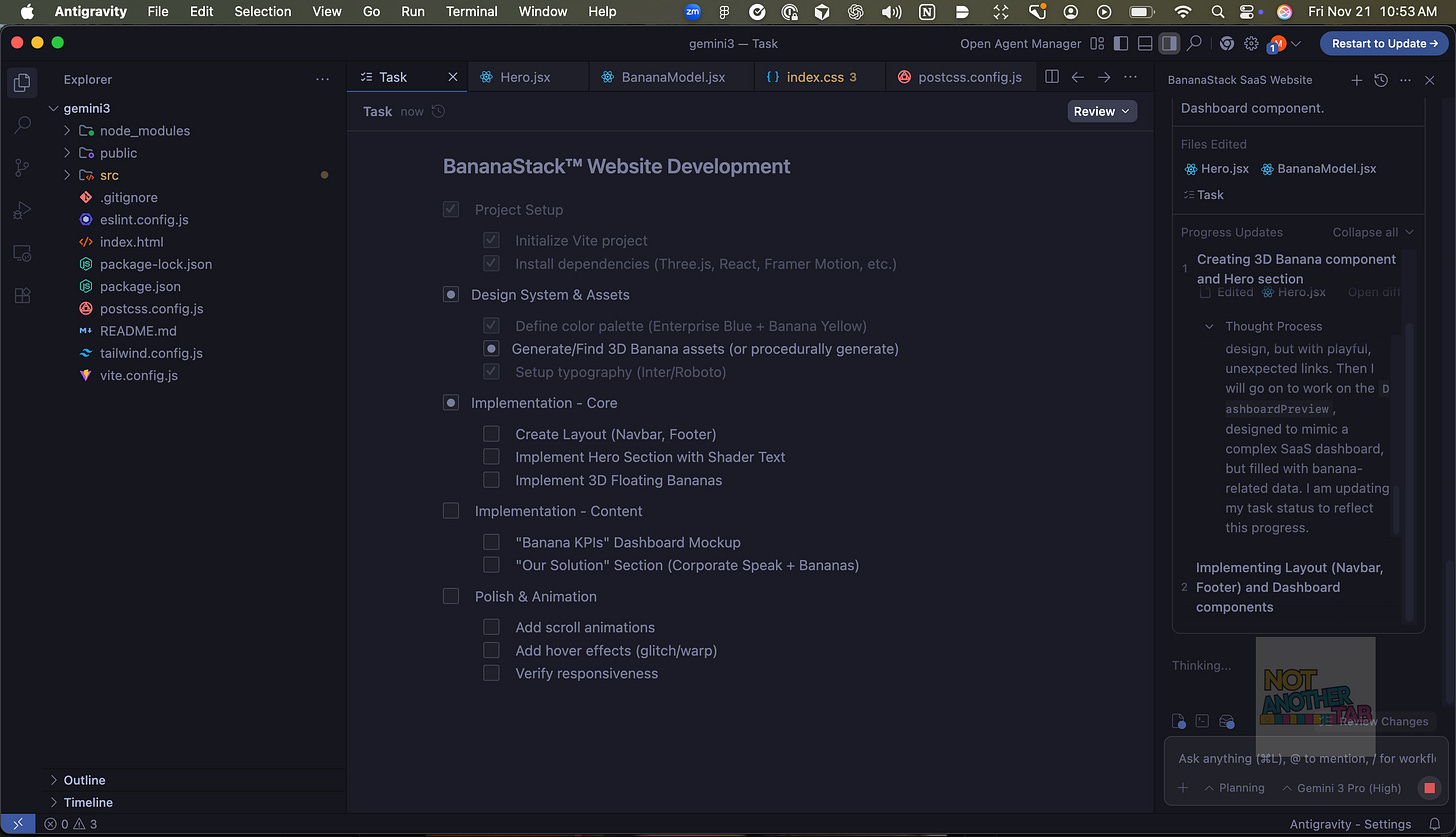 A screenshot of Google’s Antigravity IDE showing Task Planning Mode. On the left is a panel displaying a structured task list with nested steps and comments. The main editor window shows code suggestions and AI-generated tasks, creating a visual workspace for organizing and tracking development work.