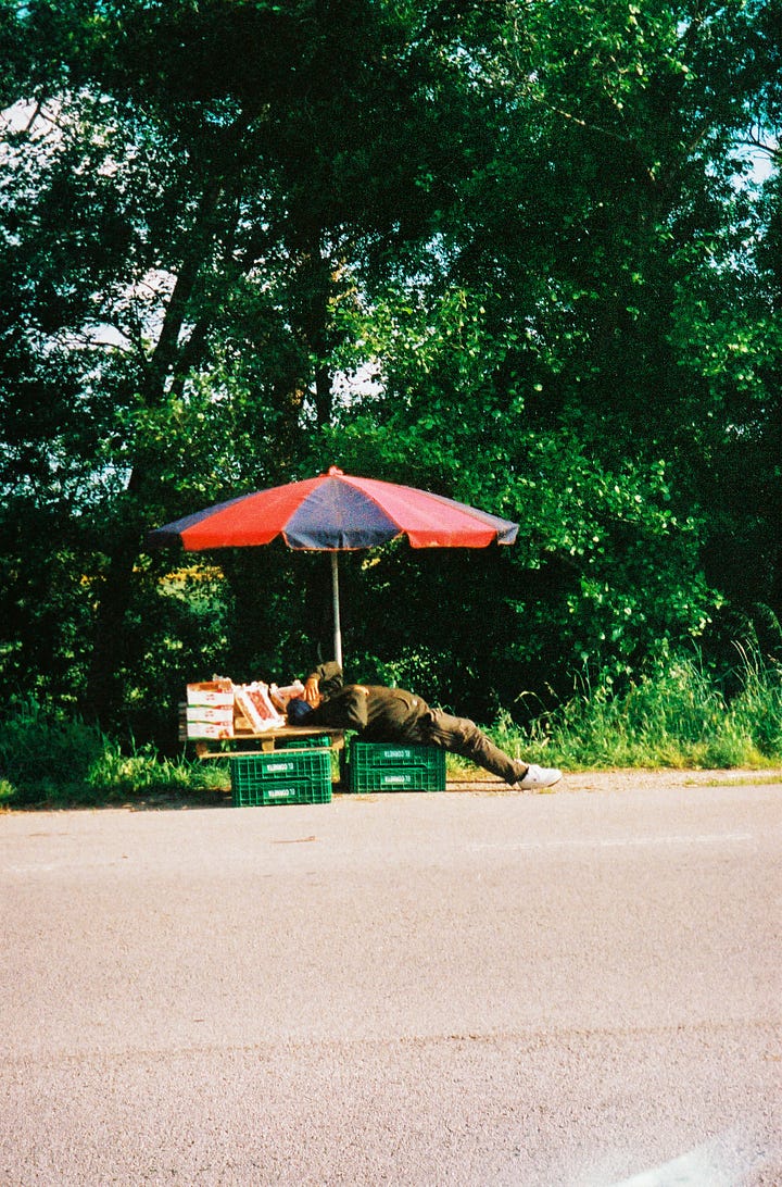 side by side images of two old men sleeping under the sun on a hot day