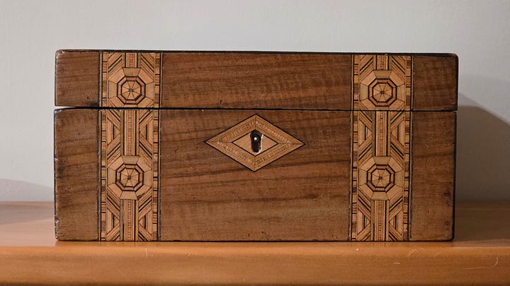 Image showing a Tunbridge Ware box from the front and top