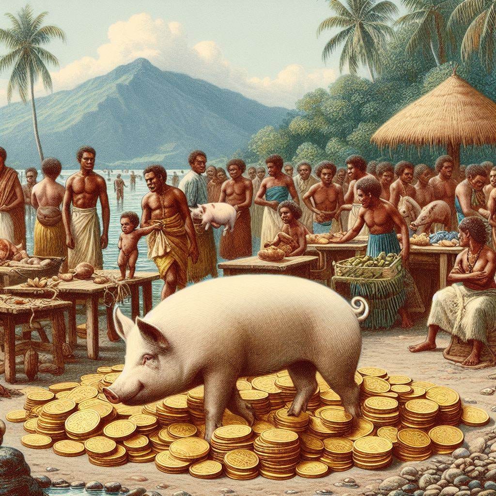 Pig Exchanges on the New Hebrides: In the New Hebrides (now Vanuatu), pigs were a primary form of currency. They were used in social exchanges, such as bride prices, and played a critical role in feasts and ceremonies