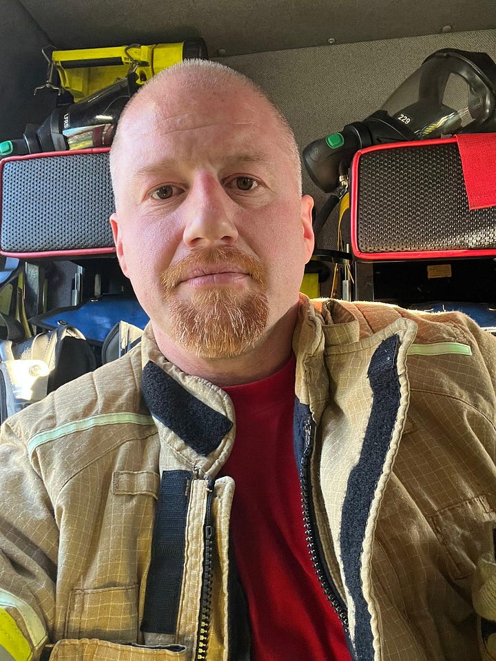 Left: Adam in firefighter gear. Right: Adam sitting beside a glowing wood stove with his young son, Marcus.