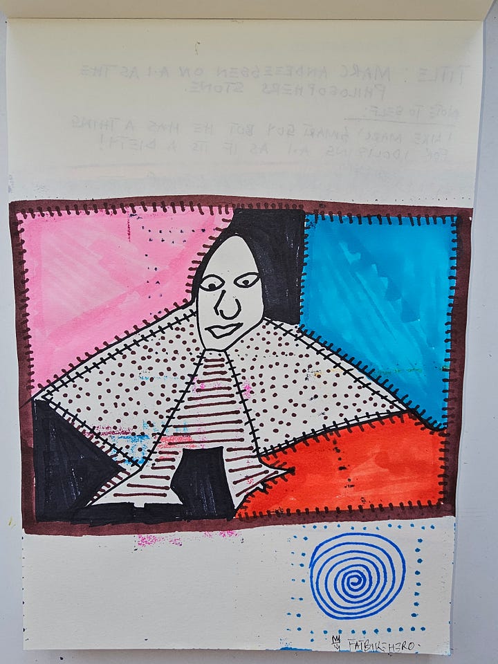 Front and Verso of FatbikeHero Artwork Titled Marc Andreessen on A.I as the Philosophers Stone. Ink, pigment marker, and mixed media on paper. Metadata Expressionism Artwork (MEA-054). Denmark.