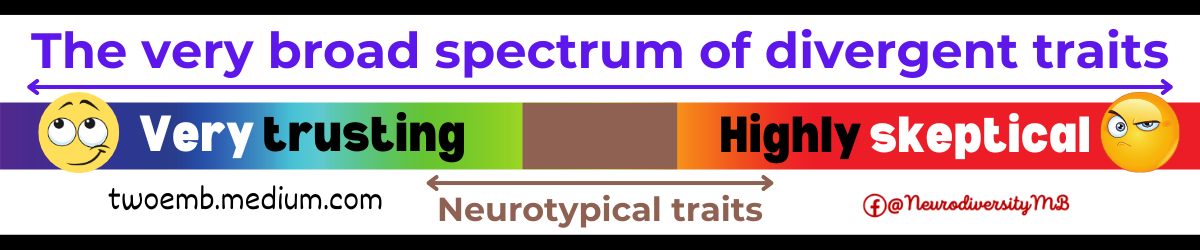 Image is a ruler showing a range of highly trusting to highly skeptical. NTs are shown to fall somewhere in the middle, whereas NDs tend to be at one extreme end or the other.