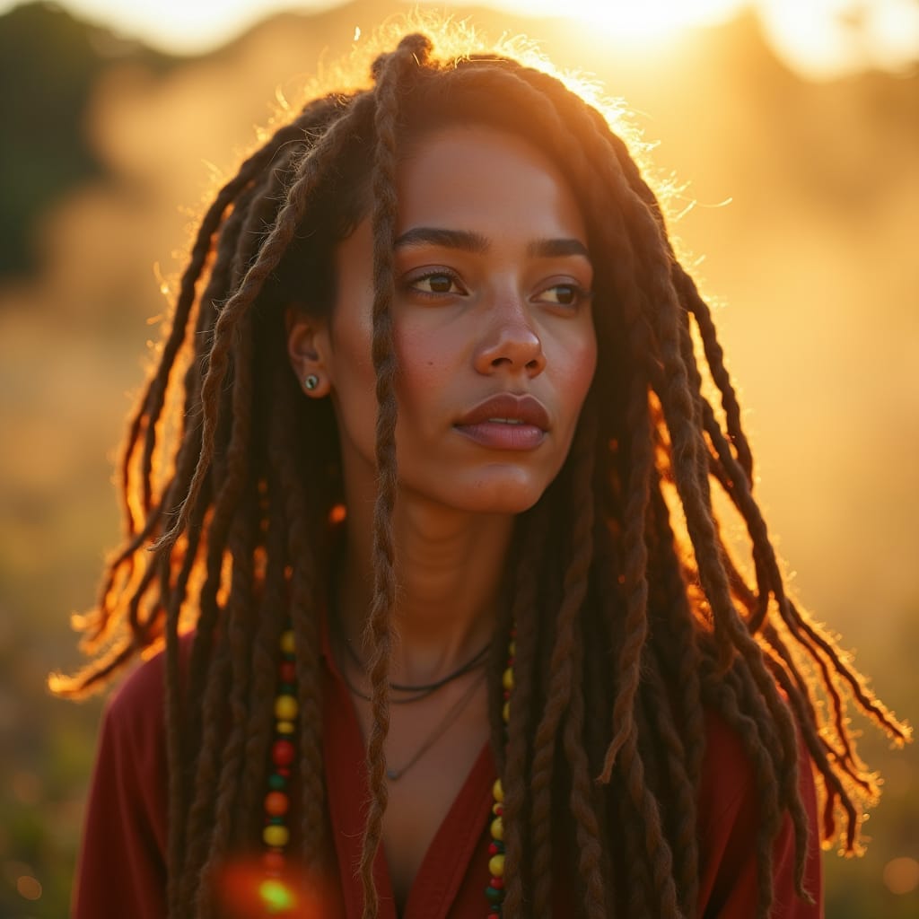 Vibrant, youthful woman with a strong Rastafarian identity, warm golden light dancing across her gentle feature