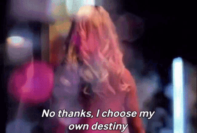 a woman is standing in front of a blurry background and says `` no thanks , i choose my own destiny '' a woman is standing in front of a blurry background and says `` no thanks , i choose my own destiny ''