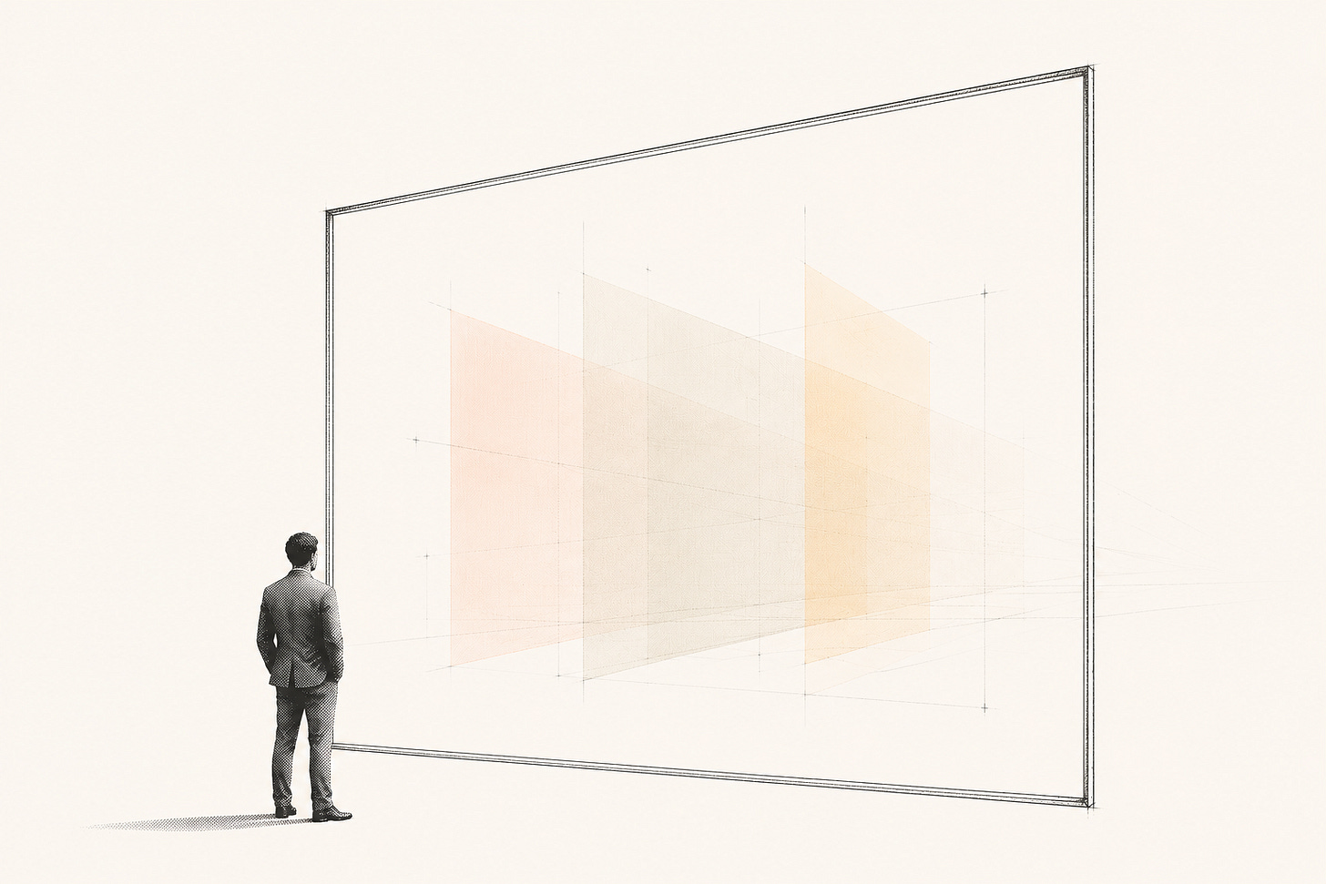 An anonymous observer, seen from behind, stands before a large architectural frame containing three translucent overlapping planes in terracotta, olive, and mustard. The minimalist illustration represents the idea that the same reality can be interpreted through different frames.