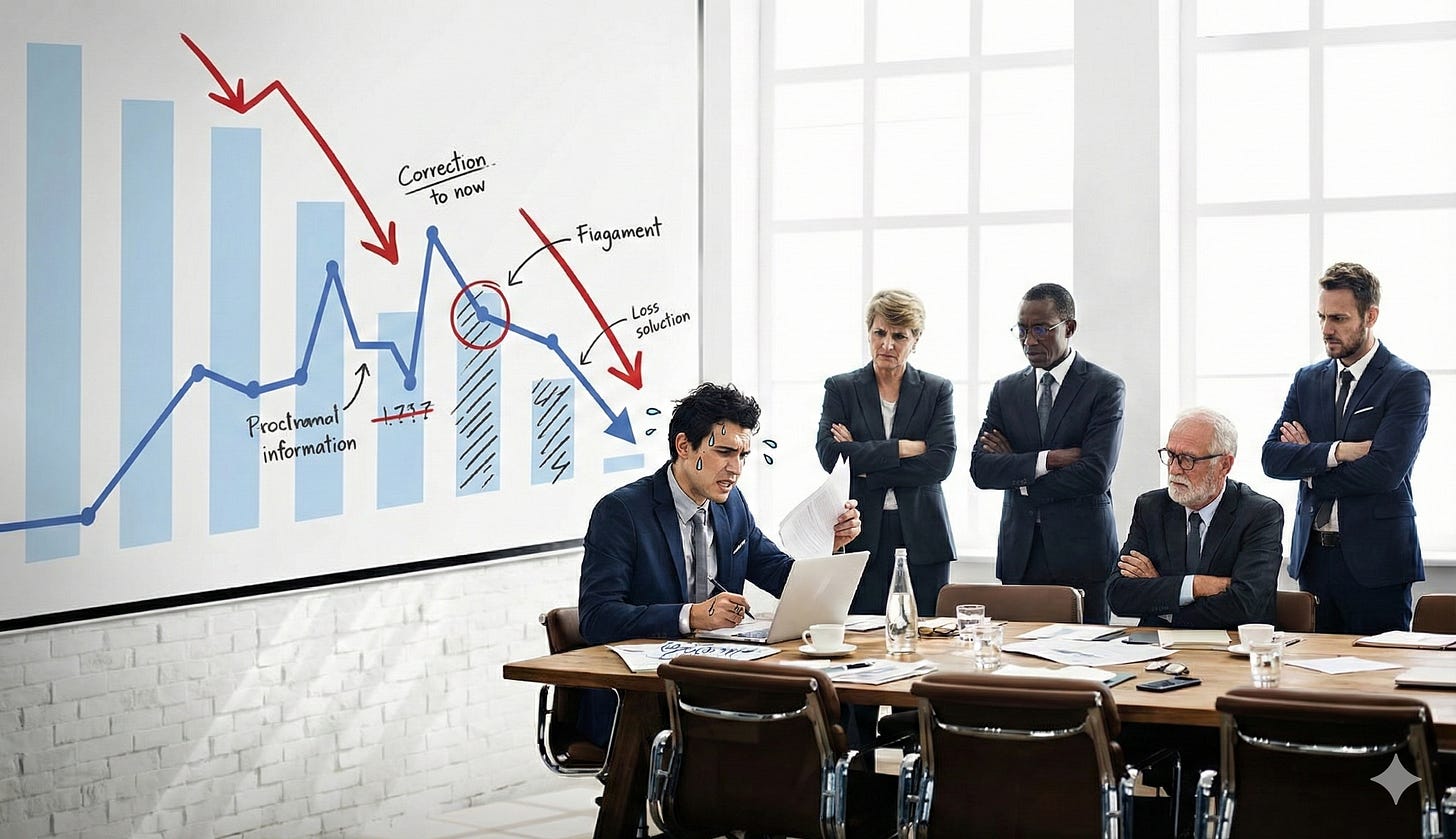 Startup founder under pressure presenting declining metrics to a board of directors during a high-stakes board meeting.