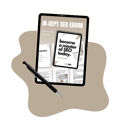A light brown-colored blob with a tablet placed on it, displaying a thumbnail in white and light brown colors for the SEO ebook I, Gabi, have written. The headline on the thumbnail reads "In-Depth SEO Ebook," with the subtitle "MRR PLR Rights." Next to the tablet is a black pen.