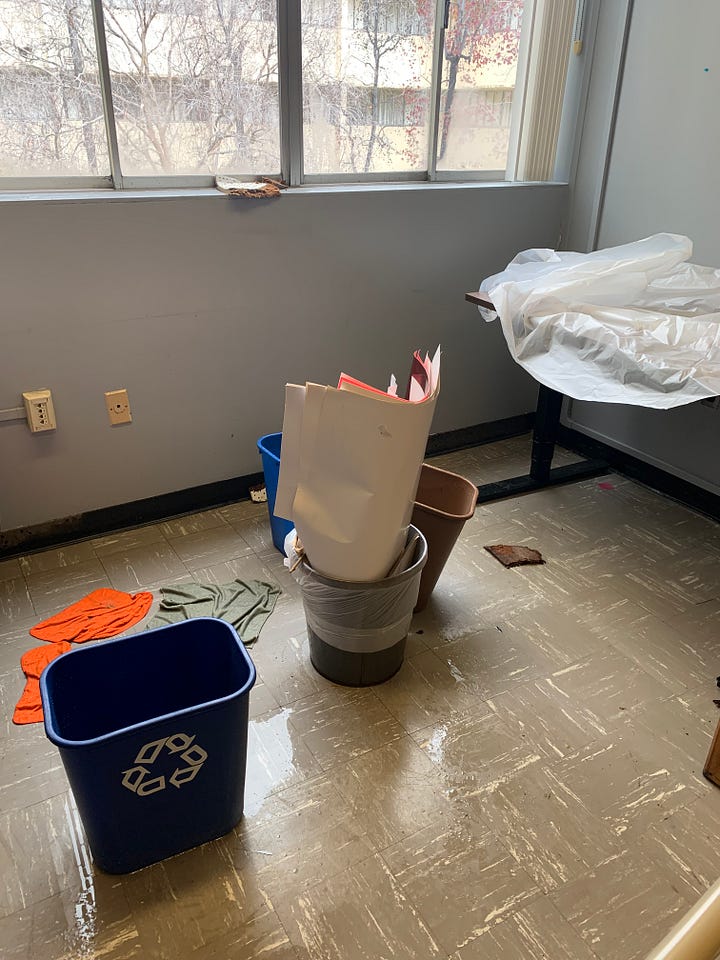 images depict ceilings with fallen tiles exposing brown glue, flooded desks and classrooms, buckets to carry water for leaks, furniture cover with plastic bags