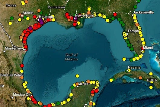 Red dots on this map show the highest concentration of nurdles found during Gulf beach surveys are along the Texas coast. Red dots on this map show the highest concentration of nurdles found during Gulf beach surveys are along the Texas coast.