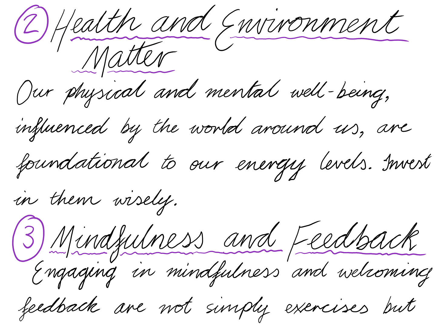 ② Health and Environment Mattern on  Our physical and mental well-being, influenced by the world around us, are foundational to our energy levels. Invest in them wisely. ③ Mindfulness and Feedback mm  murmur men Engaging in mindfulness and welcoming feedback are not simply exercises but