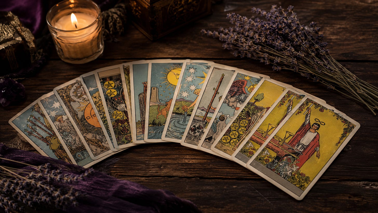 Tarot cards fanned out face up in a wide arc on dark wood, beside a lit candle and dried lavender.