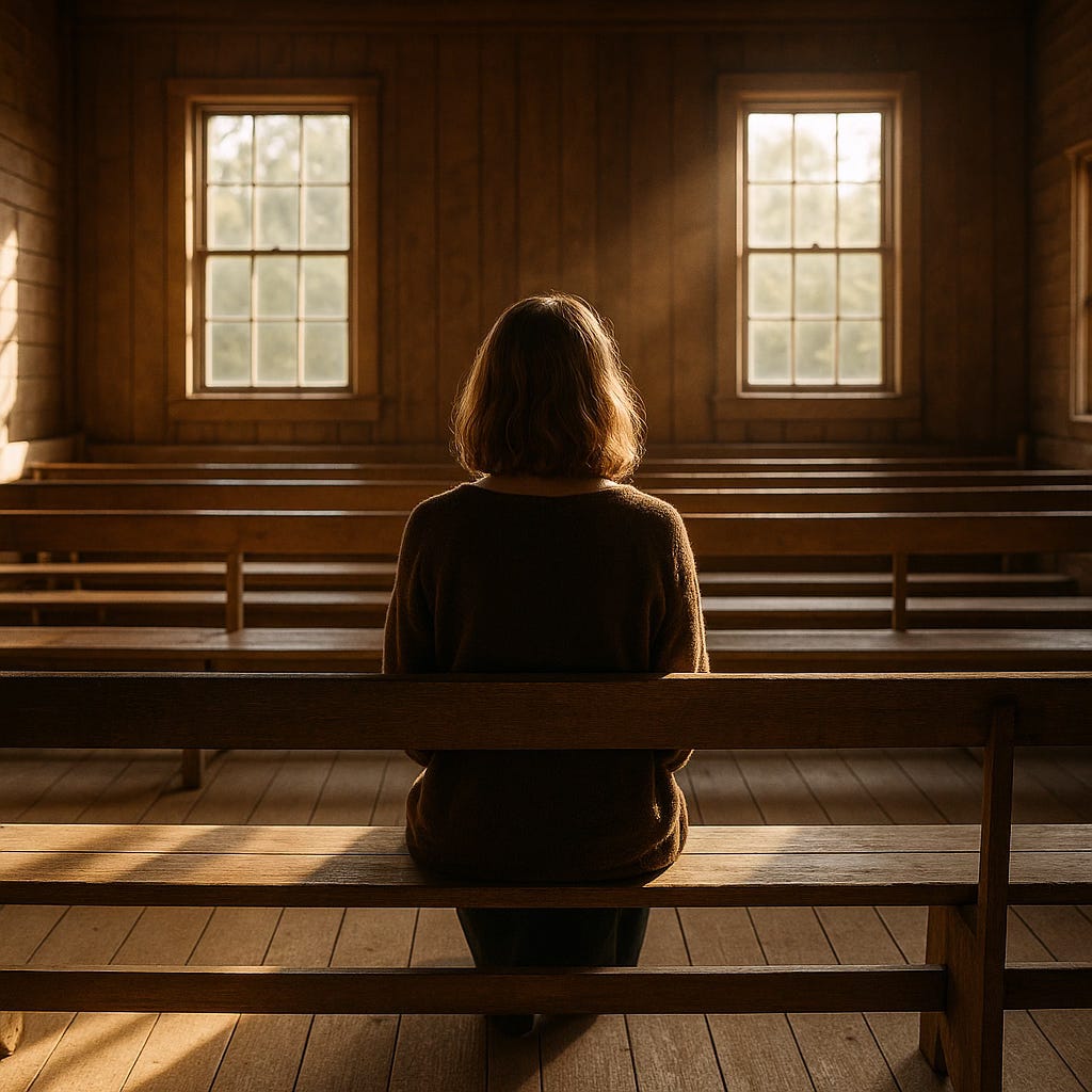 A woman sitting alone in a Quaker meeting house