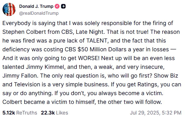 Donald Trump says he's not 'solely responsible' for 'Late Show'  cancellation - National | Globalnews.ca