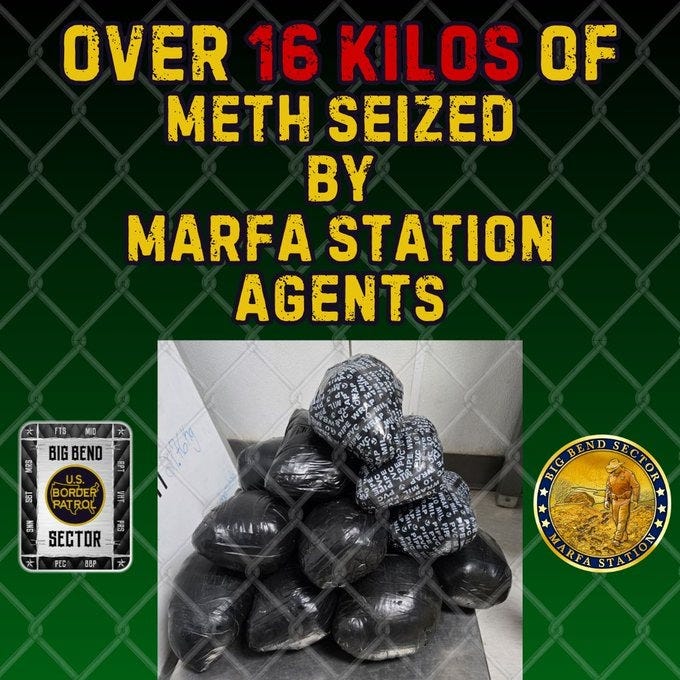 Border Patrol Agents in the Big Bend Sector of Texas arrested two cartel smugglers who illegally crossed the Rio Grande with more than 16 kilos of methamphetamines.