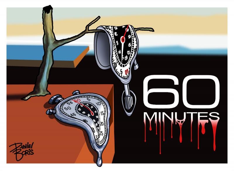 Parody of Salvador Dalí’s "The Persistence of Memory." In this version we see melting stop watches and the CBS "60 Minutes" logo to the right colored white. The bottom of the word, "Minutes" is melting and changing color to blood red. Parody of Salvador Dalí’s "The Persistence of Memory." In this version we see melting stop watches and the CBS "60 Minutes" logo to the right colored white. The bottom of the word, "Minutes" is melting and changing color to blood red.