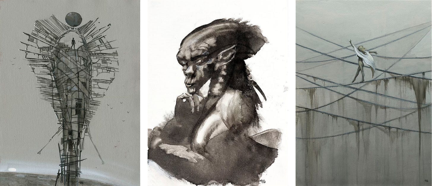 Three portrait oriented paintings. LEFT: A structure rises against gray sky like the hood of a cobra, but defined loosely like as if wicker. A solid oval crowns the top, and in the opening beneath it a tiny figure stands. CENTER: In angled profile, a conniving alien glances back at the audience with slitted eyes as it rests its chin on arched fingers. Its ears are pointed like an elf, but the long dome of its head looks more like the slope of a xenomorph with an actual face positioned below. RIGHT: A woman wearing only a white cape of fabric tight walks across a criss cross of lines. Her arms are extended and one leg is positioned forward with toe pointed like a ballerina. Smears of paint extend downward from the lines suggesting grimy, deteriorating fabric to contrast the figure’s crisp liveliness.