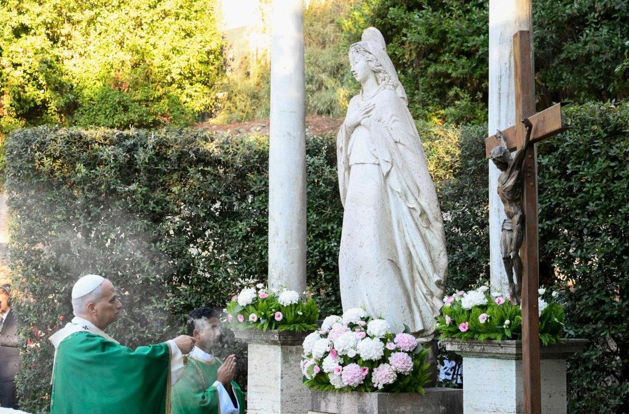 Pope Leo XIV incensing the white statue of the Madonnina in the garden at Castel Gandolfo during the Mass for the Care of Creation Pope Leo XIV incensing the white statue of the Madonnina in the garden at Castel Gandolfo during the Mass for the Care of Creation