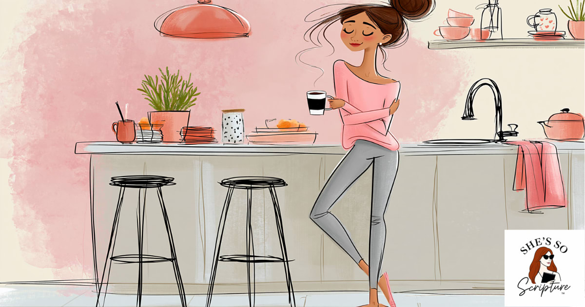 An illustrated woman standing in a kitchen in morning light holding a full coffee cup to her chest with eyes closed and an expression of deep quiet peace, rendered in a whimsical fashion illustration style with blush pink and cream watercolor tones.