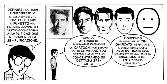 vignetta di Capire, fare, reinventare il fumetto di McCloud in cui si parla di amplificazione attraverso la semplificazione vignetta di Capire, fare, reinventare il fumetto di McCloud in cui si parla di amplificazione attraverso la semplificazione
