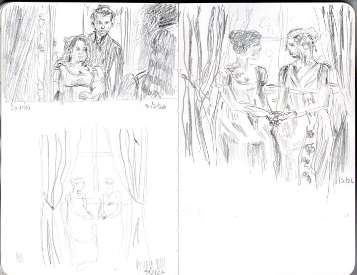 pencil sketches of Maud Hart Lovelace; Penelope and Colin; Emma (2020)