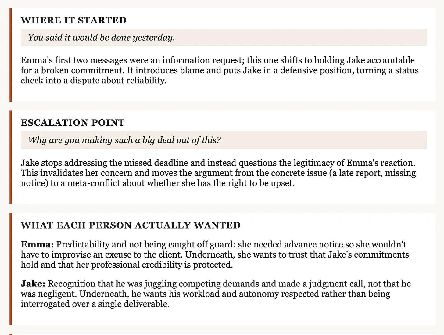 Conversation Autopsy output marking where the argument started, the escalation point, and what each person wanted Conversation Autopsy output marking where the argument started, the escalation point, and what each person wanted