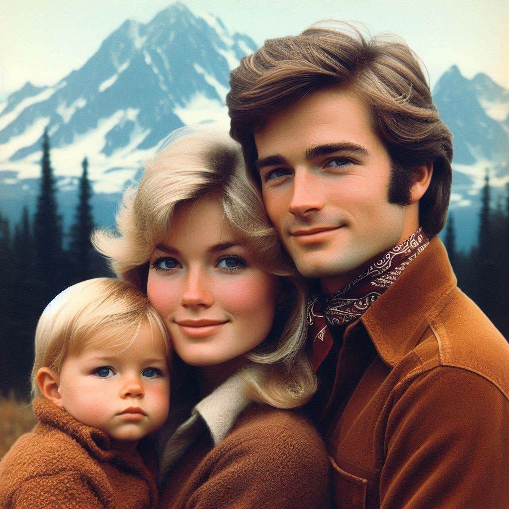A 26-year-old white man with dark brown hair and his blonde 22-year-old wife and one-year-old son in anchorage, alaska in 1984