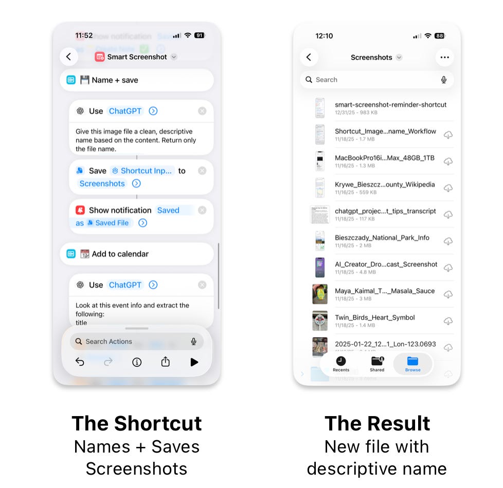 Side-by-side screenshots showing an iPhone shortcut that generates a descriptive filename for a screenshot, and the resulting file saved with a readable name in the Files app.