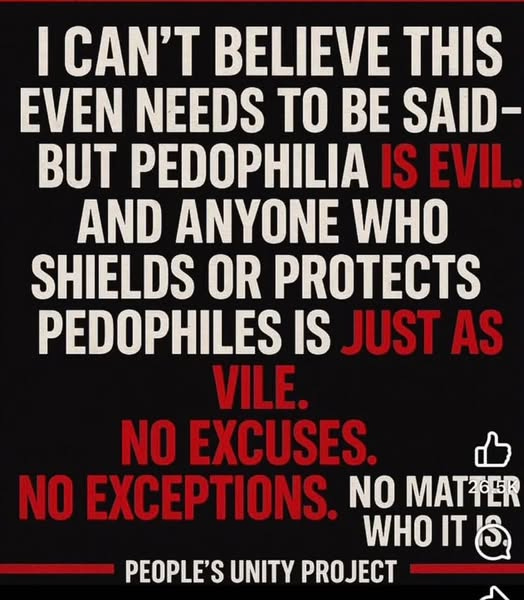 May be an image of text that says 'I CAN'T BELIEVE THIS EVEN NEEDS TO BE SAID- BUT PEDOPHILIA IS EVIL. AND ANYOE WHO SHIELDS OR PROTECTS PEDOPHILES IS JUST AS VILE. NO EXCUSES. NO EXCEPTIONS. NO MATTER WHO IT ៦ PEOPLE'S UNITY PROJECT'