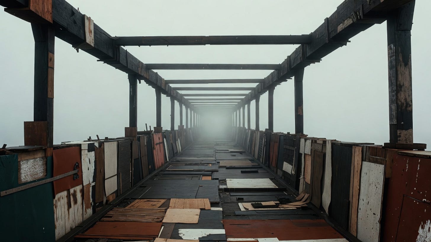 A long bridge reinforced with mismatched panels and materials, extending forward into fog with visible signs of manual repair.