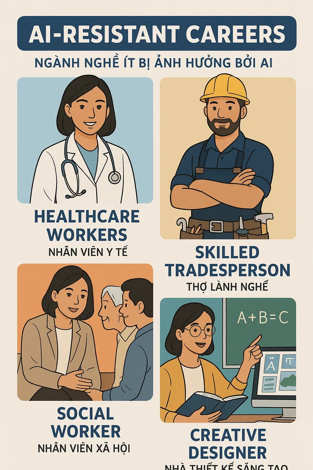 Infographic minh họa 5 nghề nghiệp đứng vững trước AI Infographic minh họa 5 nghề nghiệp đứng vững trước AI