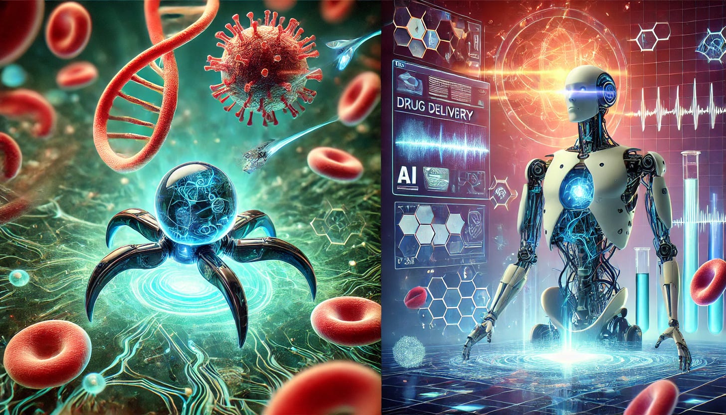 A futuristic digital illustration depicting cutting-edge lab breakthroughs. On one side, a microscopic swimming bot moving through a bloodstream, revolutionizing drug delivery. On the other side, an advanced AI system analyzing medical scans, detecting cancer with precision. The scene is illuminated with a high-tech, sci-fi glow, symbolizing the intersection of technology and biotech investment.