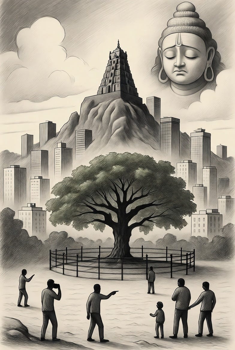 A pencil sketch of the last tree on Tirumala's seventh hill, surrounded by skyscrapers and tourists, with Lord Venkateshwara's face in the clouds. A pencil sketch of the last tree on Tirumala's seventh hill, surrounded by skyscrapers and tourists, with Lord Venkateshwara's face in the clouds.