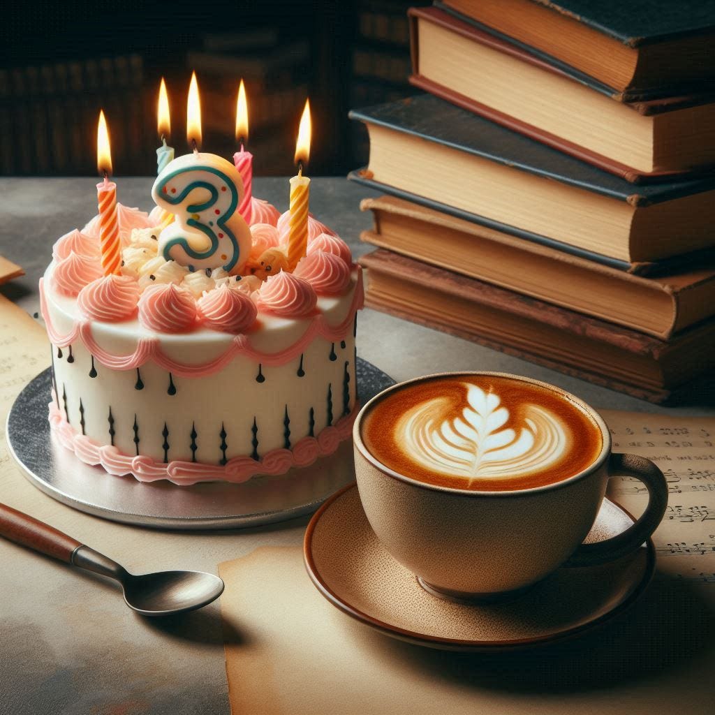 Show a  a cup of latte next to one birthday cake with 3 candles only, a studious environment 