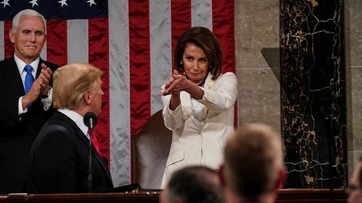 Then-House Speaker Nancy Pelosi and then-Vice President Mike Pence appear behind then- President Donald Trump at the State of the Union address, on Capitol Hill in Washington, DC, on Feb. 5, 2019.
(Photo by Doug Mills/via Getty Images)