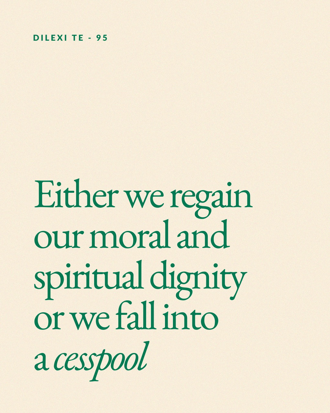 May be a graphic of text that says 'DILEXI TE DILEXITE-95 TE-95 95 Either we regain our moral and spiritual dignity or we fall into a cesspool'