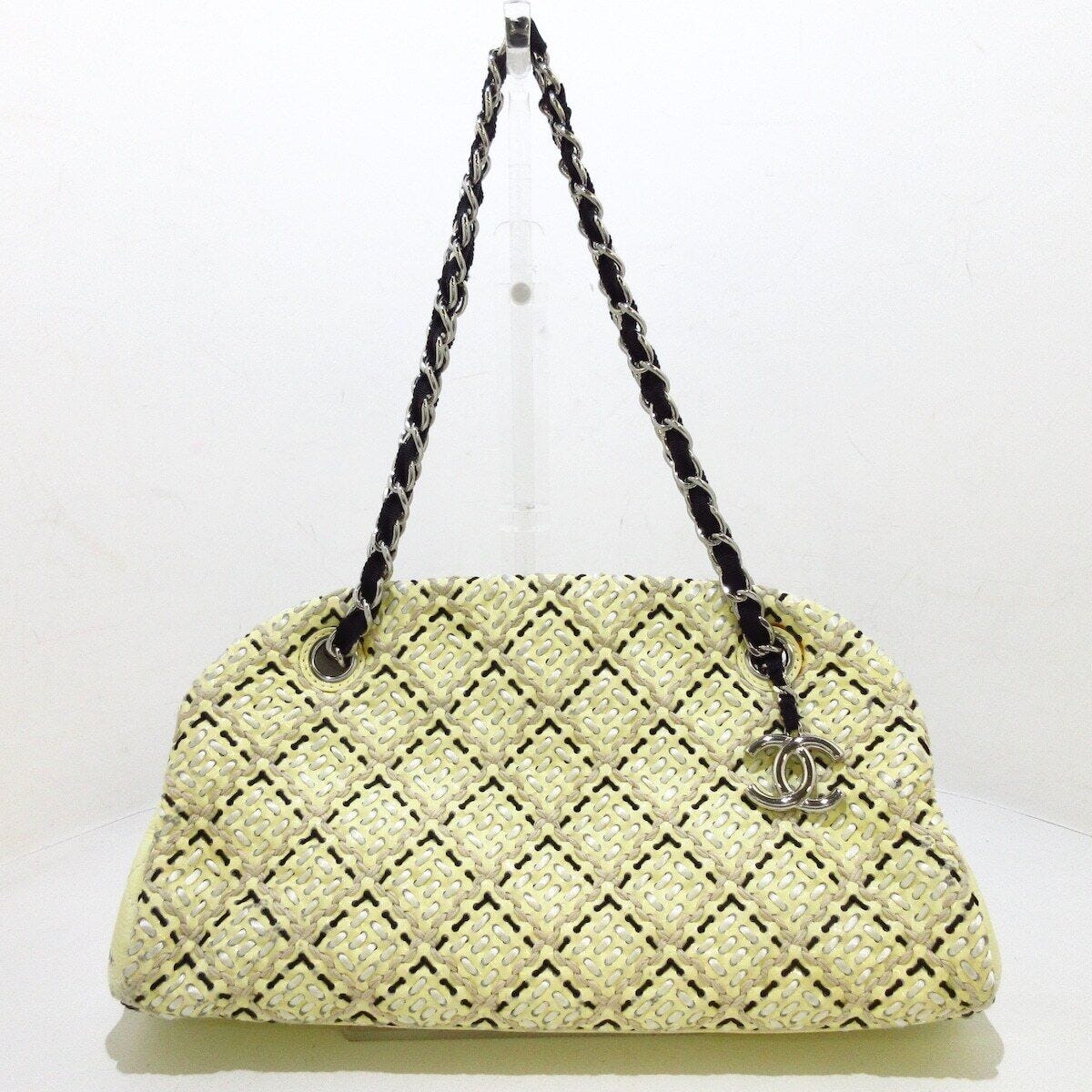 Auth CHANEL Mademoiselle Bowling Bag Cream Patent Leather Chemical Fiber Women's - Picture 1 of 12