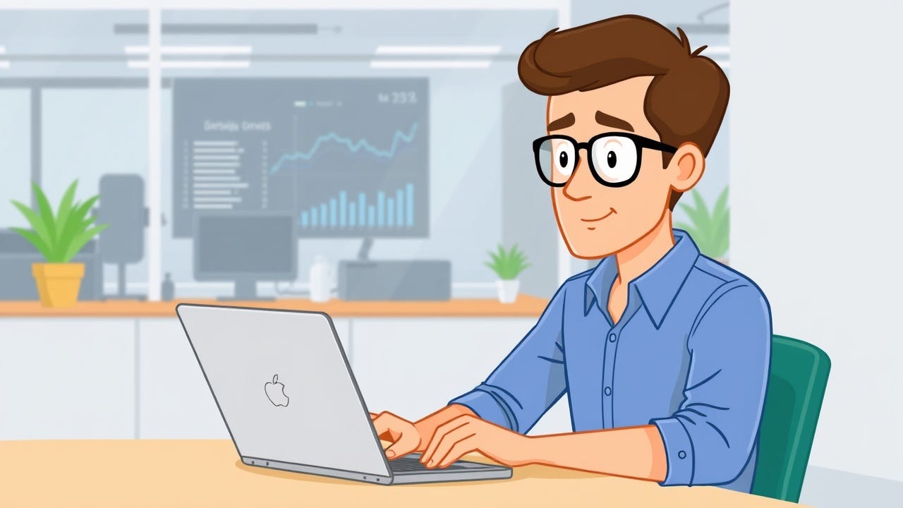 A person is analyzing data on a laptop in a modern office.